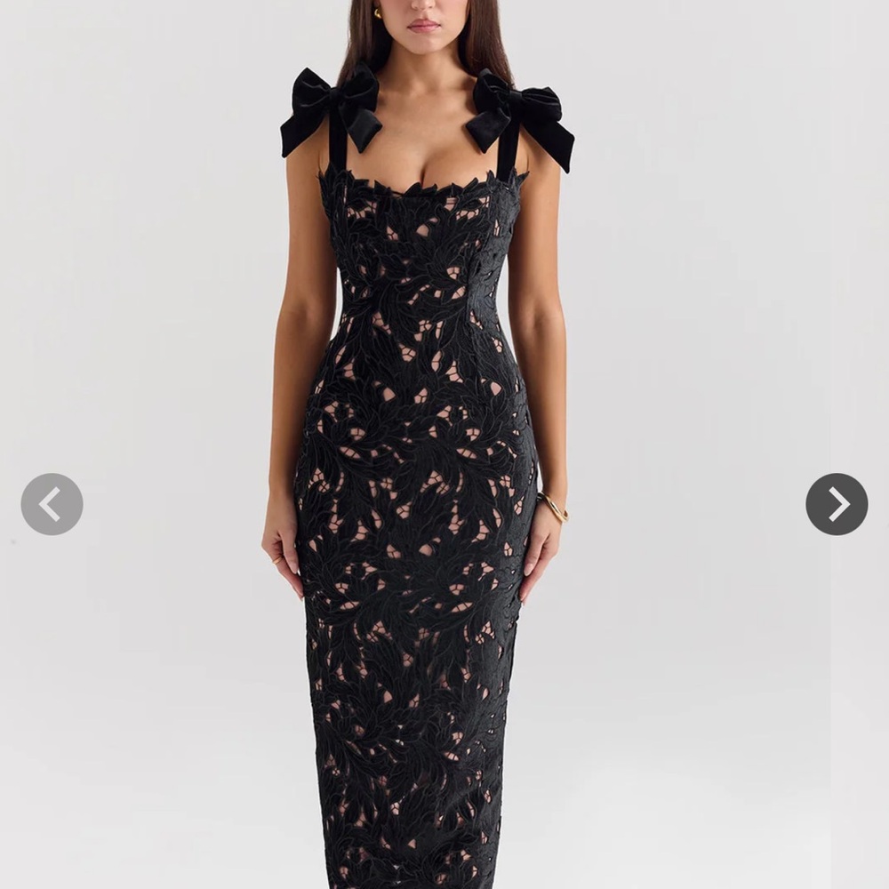 Black Lace Midi Dress with Bow Shoulder Straps